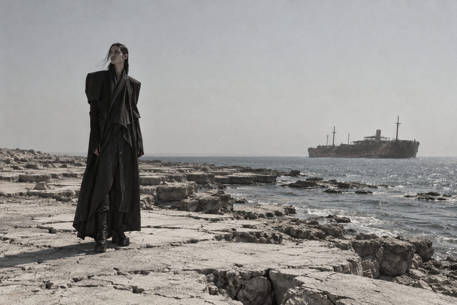 A model in a floor-length draped black coat on the rocky Kish shoreline, the Greek Ship wreck on the horizon.