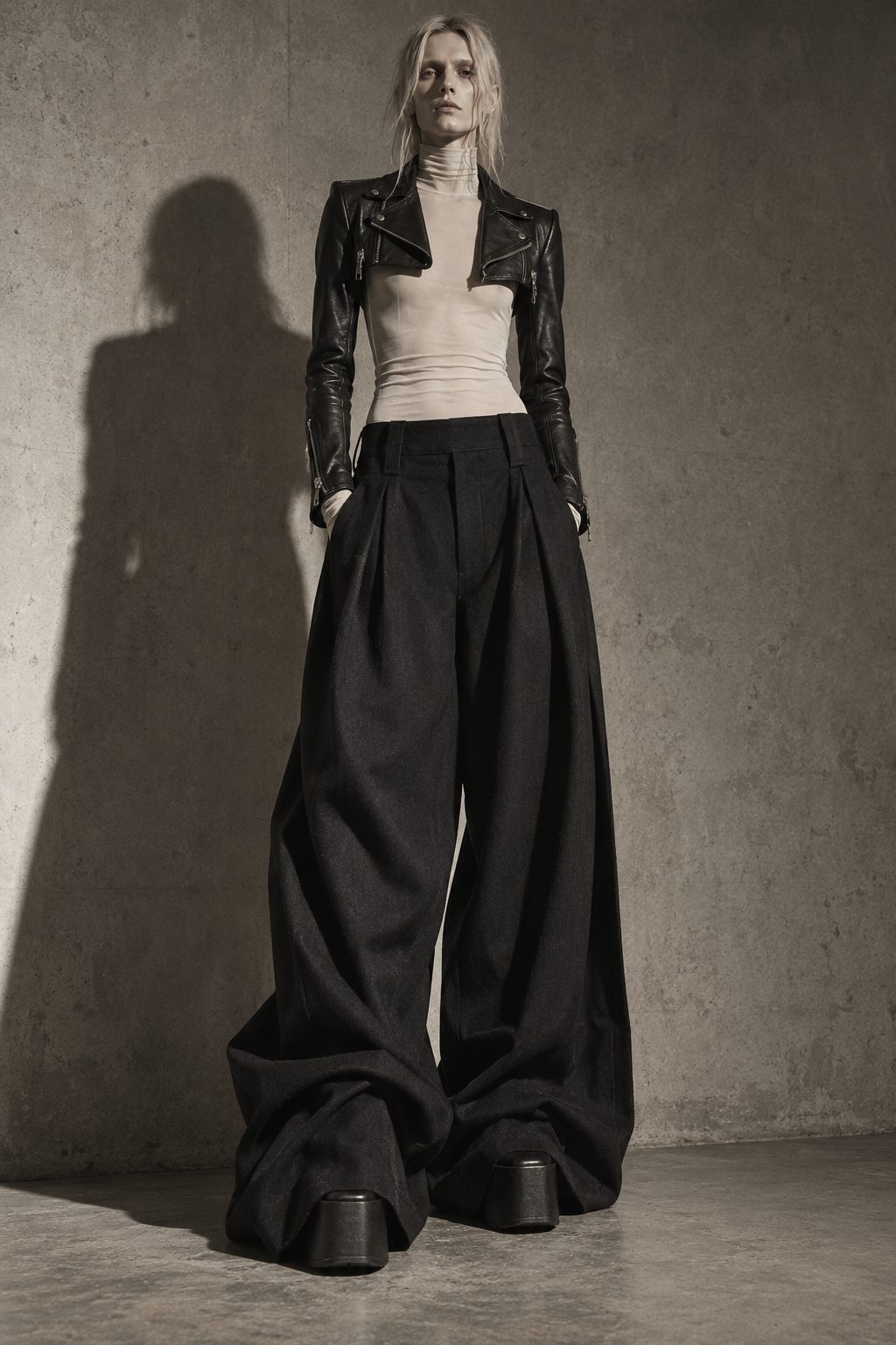 A model in a micro-cropped black leather biker jacket and enormous pooling black wool trousers against a concrete wall.